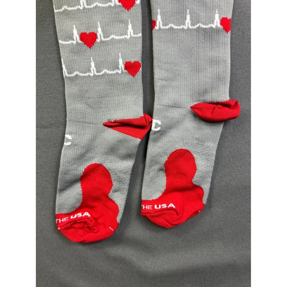 2 pairs Grey Heartbeat EKG Compression Socks Red Hearts Knee High USA Size SM/MD